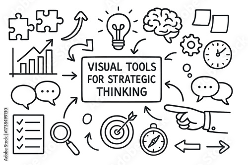 Strategic Thinking Tools. Hand-drawn doodle illustration Visual tools for strategic thinking flowchart, puzzle pieces, light bulb, brain, gears, checklist,