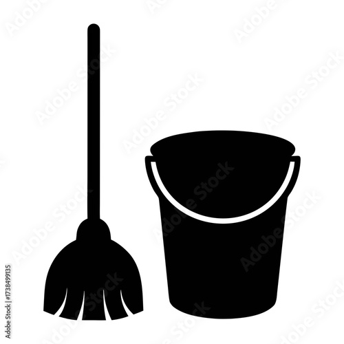 Illustration of a black mop and bucket, ideal for cleaning and householdrelated projects