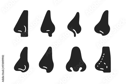 Nose Shapes Icons. Solid, filled icon set of nose shapes in cosmetic surgery: roman nose, aquiline nose, snub nose, upturned nose, crooked nose, narrow nose,