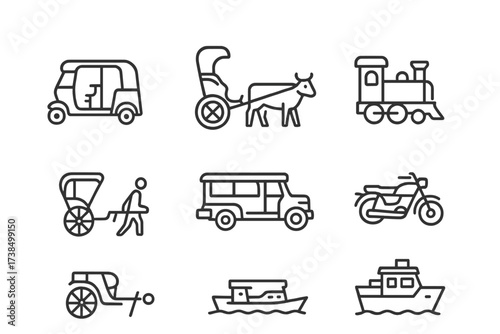 Indian Transport Icons. Outline icon set of Indian transportation: auto rickshaw, cycle rickshaw, bullock cart, train engine, hand-pulled rickshaw, jeepney,