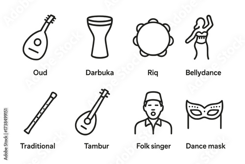 Egyptian Music Icons. Outline icon set of Egyptian music and dance: Oud, Darbuka drum, Riq tambourine, Belly dance, Traditional flute, Taar, Folk singer, Dance