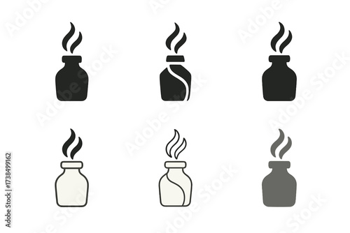 Aromatherapy Logo Variations. Using Essential Oils for Relaxation. Set Logo of Aromatherapy: Bottle and vapor with soothing curves. harmonious logo variations