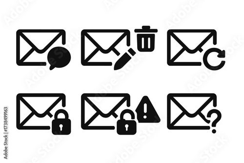Envelope Icon Set. Solid, filled icon set of message envelopes: envelope with chat bubble, envelope with pencil, envelope with trash bin, envelope with refresh
