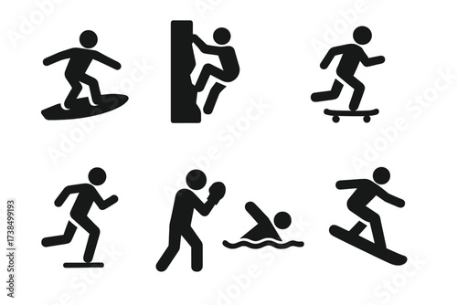 Solo Sports Icons. Solid, filled icon set of solo sports: solo surfer, solo climber, solo skateboarder, single kayaker, solo runner, lone boxer, solo swimmer,