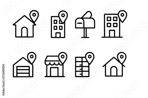 Address Icon Set. Outline icon set of receiver address types: home, office, PO box, apartment, warehouse, pickup point, mail locker, temporary address. Line