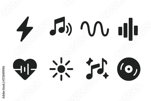 Beat Emotions Icons. Solid, filled icon set of beat emotions: energy, excitement, flow, rhythm, pulse, intensity, groove, vibe. Solid, filled icons in only
