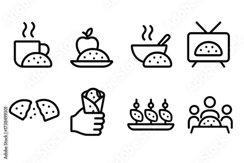 Flatbread Icon Set. Outline icon set of flatbread eating occasions: breakfast, lunch, dinner, snack, picnic, street food, party appetizer, family meal. Line