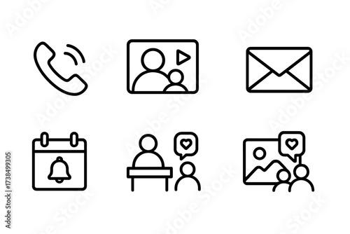 Parental Communication Icons. Outline icon set of parental communication: phone call, video chat, message bubble, email, calendar reminder, family meeting,