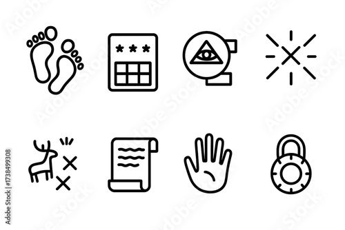 Hidden World Icons Set. Outline icon set of hidden world signs: footprints, secret code, symbol on wall, glowing mark, ancient graffiti, hidden message,