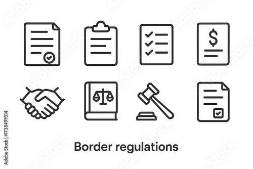 Border Regulation Icons. Outline icon set of border regulations: legal document, clipboard, checklist, fine, handshake, law book, gavel, permit. Line icons in