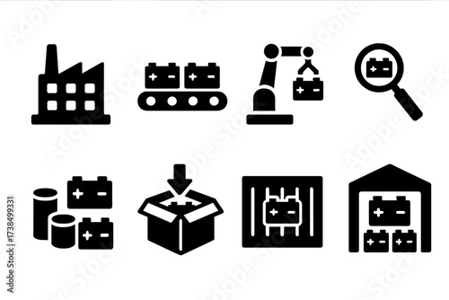 Battery Manufacturing Icons. Solid, filled icon set of battery pack manufacturing: factory, assembly line, robotic arm, quality control, raw materials,