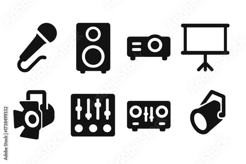 Banquet Equipment Icons. Solid, filled icon set of banquet audio and visual equipment: microphone, speaker, projector, presentation screen, stage light, sound