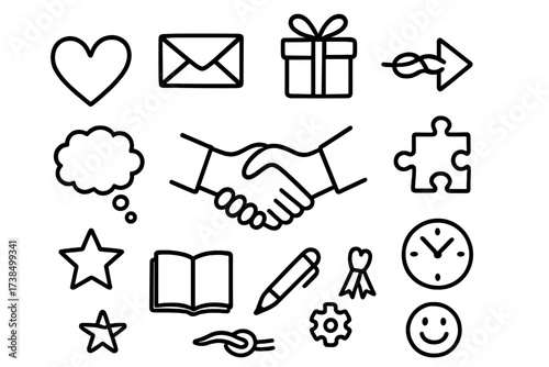 Amends Symbol Doodles. Hand-drawn doodle illustration Making amends handshake, heart, envelope, gift, arrow, knot, thought bubble, clock, puzzle piece, star,