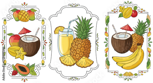 Tropical fruit and drink panels with coconut, pineapple, mango, papaya, decorative borders, summer refreshment vector, vibrant beach-themed illustration