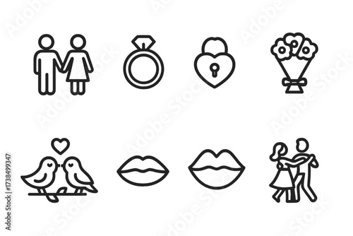 Love Icon Set. Outline icon set of love and relationship: couple holding hands, engagement ring, heart lock, bouquet, love birds, kissing lips, romantic