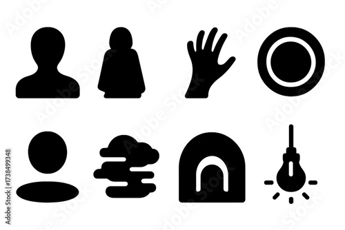 Shadowy Icon Grid. Solid, filled icon set of shadows and darkness: silhouette, dark figure, shadow hand, black hole, shade, night fog, dark cave, dim light.