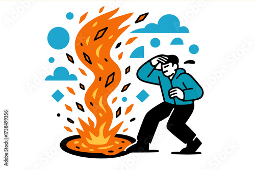 Fiery Lava Whirlwind. Lava storm. A fiery whirlwind rises from a molten pit, glowing fragments spinning in the air. A lone figure shields themselves from heat
