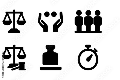 Scale Icon Set. Solid, filled icon set of scale symbols and metaphors: balance, fairness, equality, stability, justice, weight, measure, precision. [Line icons
