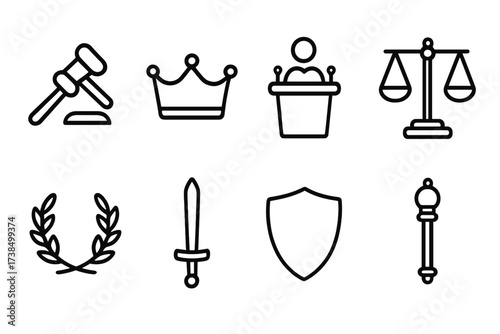 Leadership Icon Set. Outline icon set of leadership and governance: gavel, crown, podium, scales of justice, laurel wreath, sword, shield, scepter. Line icons