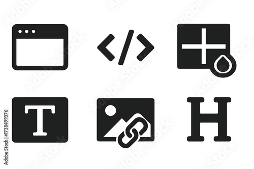 Web Design Icon Set. Solid, filled icon set of web design components: browser window, code brackets, layout grid, color picker, text box, image placeholder,