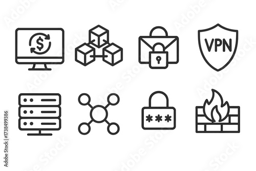 Dark Money Tools Icons. Outline icon set of dark money digital tools: computer, blockchain, encrypted email, vpn shield, data server, network nodes, password