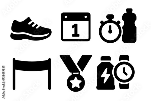 Race Day Essentials. Solid, filled icon set of race day essentials: running shoes, race bib, stopwatch, water bottle, finish line, medal, energy gel, sports