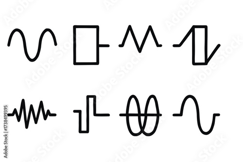 Audio Waveform Icons. Outline icon set of audio waveforms: sine wave, square wave, triangle wave, sawtooth wave, pulse wave, noise wave, stereo waveform, mono