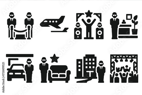 Bodyguard Icon Set. Solid, filled icon set of bodyguard environments: red carpet, private jet, event stage, hotel lobby, parking garage, VIP lounge, office