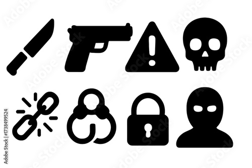 Blackmail Threat Icons. Solid, filled icon set of blackmail threats: knife, gun, exclamation mark, warning sign, skull, broken chain, locked handcuffs, masked