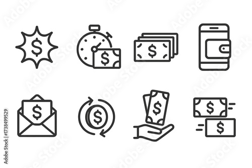 Rapid Money Transfer Icons. Outline icon set of rapid money transfer: dollar sign burst, stopwatch with cash, money pile, mobile wallet, cash envelope, coin