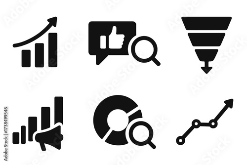 Marketing Icon Set. Solid, filled icon set of marketing graphs: sales growth, customer feedback, traffic sources, conversion rate, funnel chart, campaign