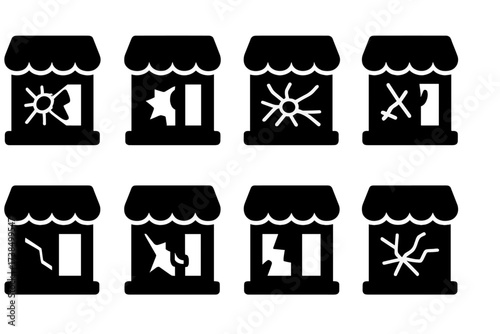 Broken Storefront Icons. Solid, filled icon set of storefront broken window: smashed glass, shattered pane, cracked frame, missing shards, taped cracks, broken