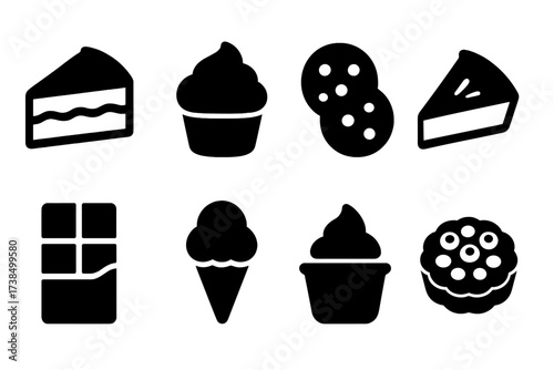 Buffet Desserts Icons. Solid, filled icon set of buffet desserts: cake slice, cupcake, cookies, pie slice, chocolate bar, ice cream, pudding cup, fruit tart.