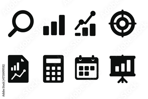 Market Analysis Icons. Solid, filled icon set of market analysis: magnifying glass, bar chart, trend line, target, report, calculator, calendar, presentation