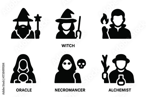 Mystical Beings Icons. Solid, filled icon set of mystical beings: wizard, witch, shaman, sorcerer, oracle, necromancer, druid, alchemist. Solid, filled icons