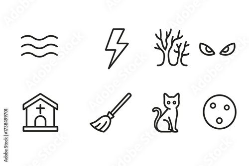 Eerie Icon Set. Outline icon set of eerie atmosphere: fog, lightning bolt, haunted forest, glowing eyes, crypt, witch broom, black cat, full moon. [Line icons