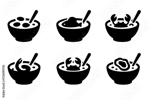Seafood Soup Icons. Solid, filled icon set of seafood soups: clam chowder, fish soup, crab bisque, seafood gumbo, lobster bisque, shrimp soup, crab soup,
