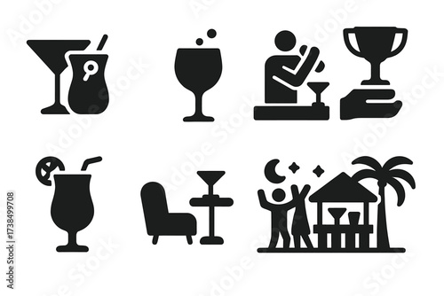 Cocktail Event Icons. Solid, filled icon set of cocktail events: happy hour, tasting event, mixology class, bartending competition, cocktail festival, lounge