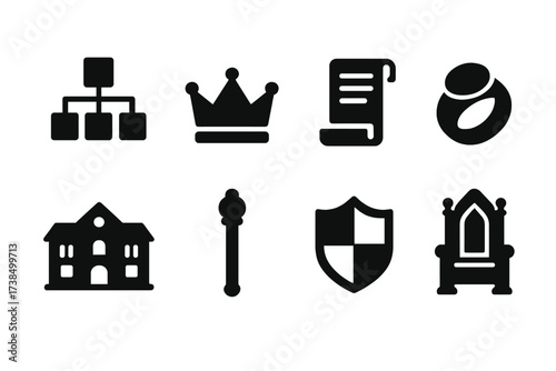 Heir Lineage Icon Set. Solid, filled icon set of heir lineage: family tree, crown, scroll, royal ring, ancestral home, scepter, heraldic shield, throne. Solid,