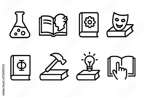 Knowledge Icon Set. Outline icon set of knowledge types: scientific, historical, technical, cultural, philosophical, practical, theoretical, experiential. Line