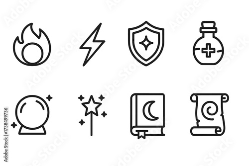 Magical Icon Set. Outline icon set of magical powers: fireball, lightning bolt, shield spell, healing potion, crystal ball, magic wand, spellbook, enchanted