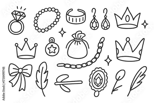 Jewelry Doodle Icons. Hand-drawn doodle illustration jewelry adornment diamond ring, pearl necklace, gold bracelet, sapphire earrings, ruby pendant, crown,