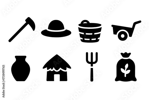 Peasant Life Icons. Solid, filled icon set of peasants daily life: farming hoe, straw hat, basket, wooden cart, clay pot, thatched hut, pitchfork, sack of