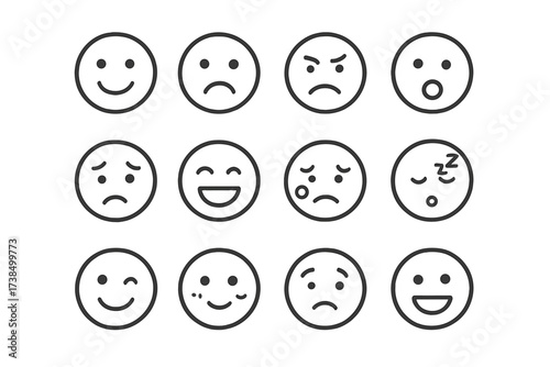 Emotion Icon Set. Emotions. Line icon set of emotions: happy face, sad face, angry face, surprised face, worried face, laughing face, crying face, sleepy face,