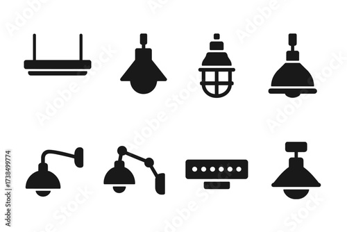 Industrial Lighting Icons. Solid, filled icon set of industrial lighting: hanging tube light, factory spotlight, cage lamp, warehouse pendant, metal sconce,