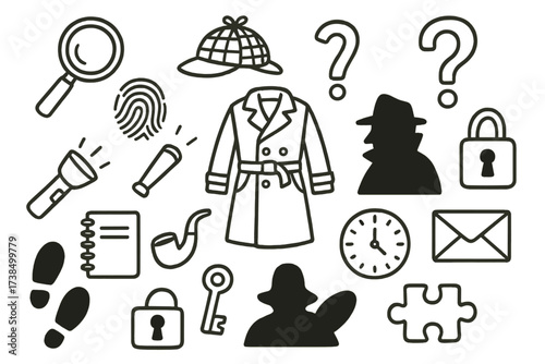 Detective Mystery Doodles. Hand-drawn doodle illustration detective mystery magnifying glass, detective hat, trench coat, fingerprint, question mark,