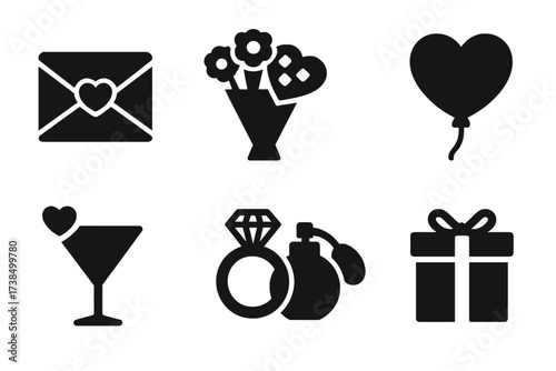 Flirt Object Icons. Solid, filled icon set of flirt objects: love letter, bouquet, chocolate box, heart balloon, cocktail glass, ring, perfume bottle, gift