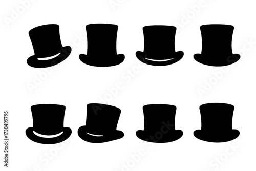Top Hat Icon Set. Solid, filled icon set of top hat wearing styles: tilted hat, straight hat, off-center hat, brim up, brim down, crown forward,