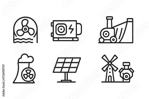 Power Generation Icons. Outline icon set of power generation: turbine, generator, steam engine, hydro dam, nuclear reactor, solar array, windmill, combustion