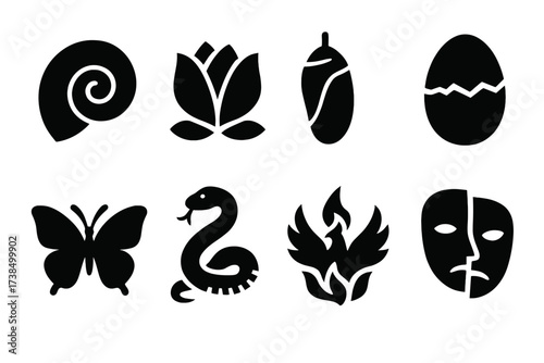 Metamorphosis Icon Set. Solid, filled icon set of metamorphosis symbols: spiral shell, unfolding flower, chrysalis, cracked egg, ascending butterfly, serpent